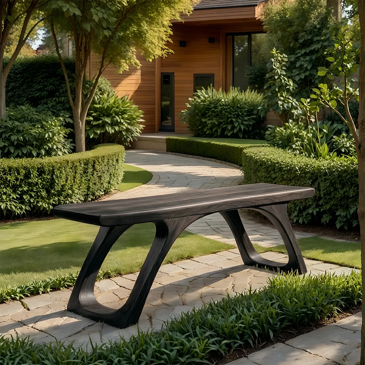 Handcrafted Solid Wood Outdoor Bench Organic Arch Leg Garden Bench