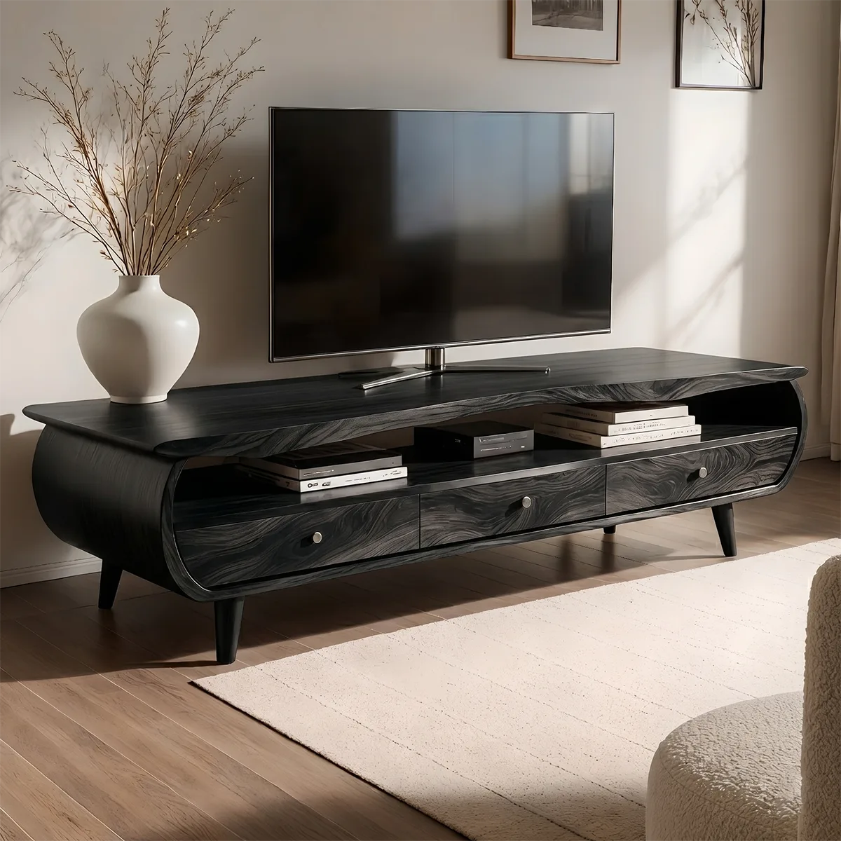Mid Century Modern Solid Wood Curved TV Stand with Drawers