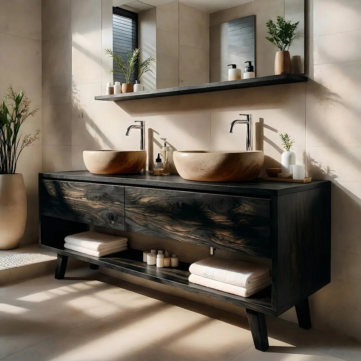 Solid Wood Bathroom Vanity with Open Shelf and 3 Drawers