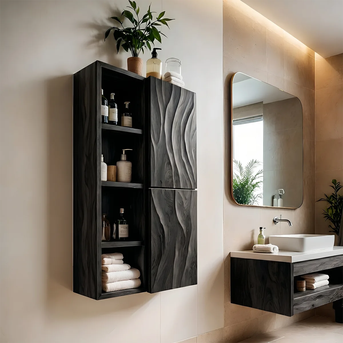 Handcrafted Solid Wood Bathroom Wall Storage Cabinet with Open Shelves