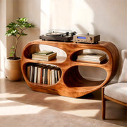 Solid Wood Record Player Stand, Modern Vinyl Storage Console with Open Shelves