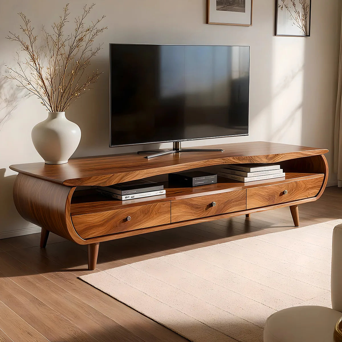 Mid Century Modern Solid Wood Curved TV Stand with Drawers