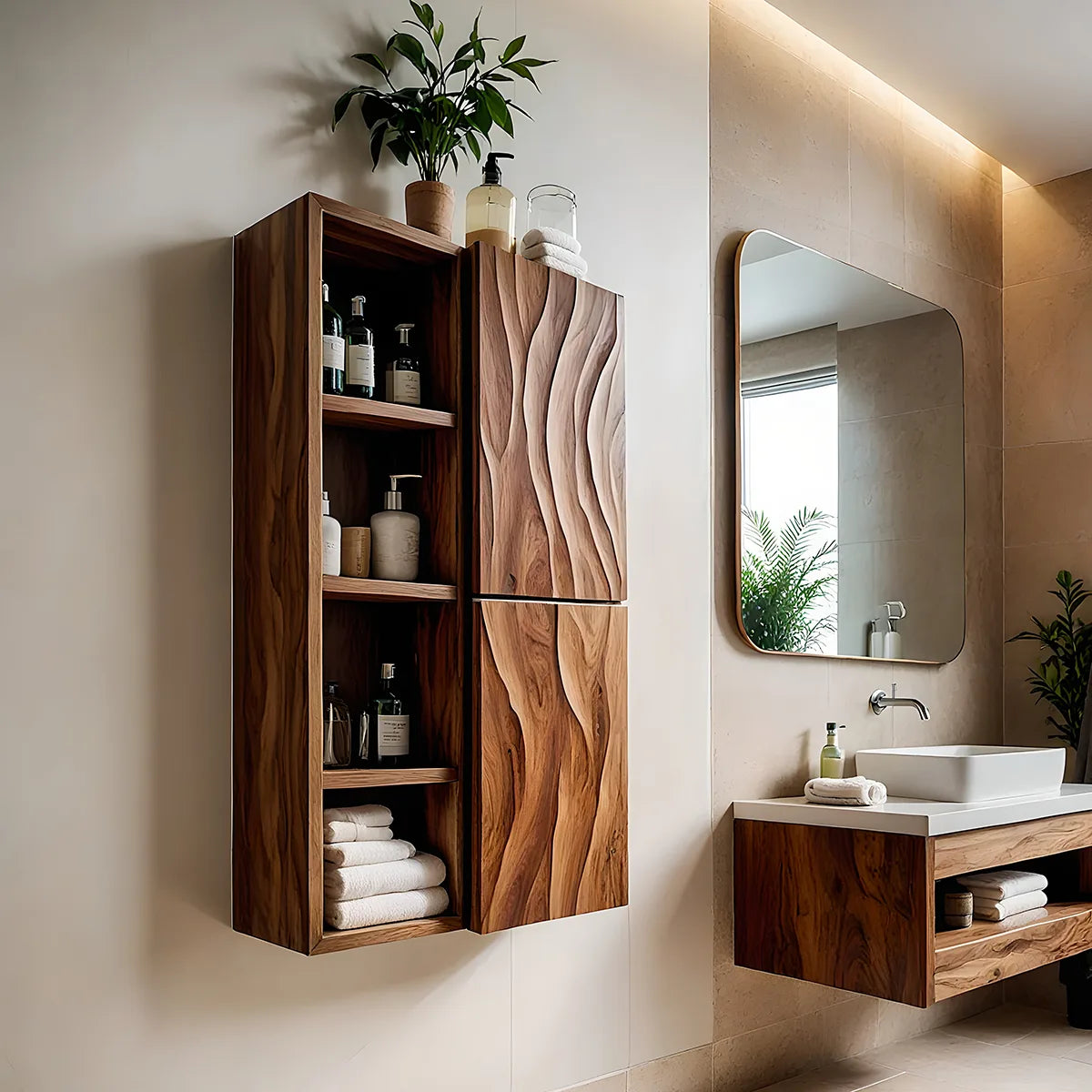 Handcrafted Solid Wood Bathroom Wall Storage Cabinet with Open Shelves