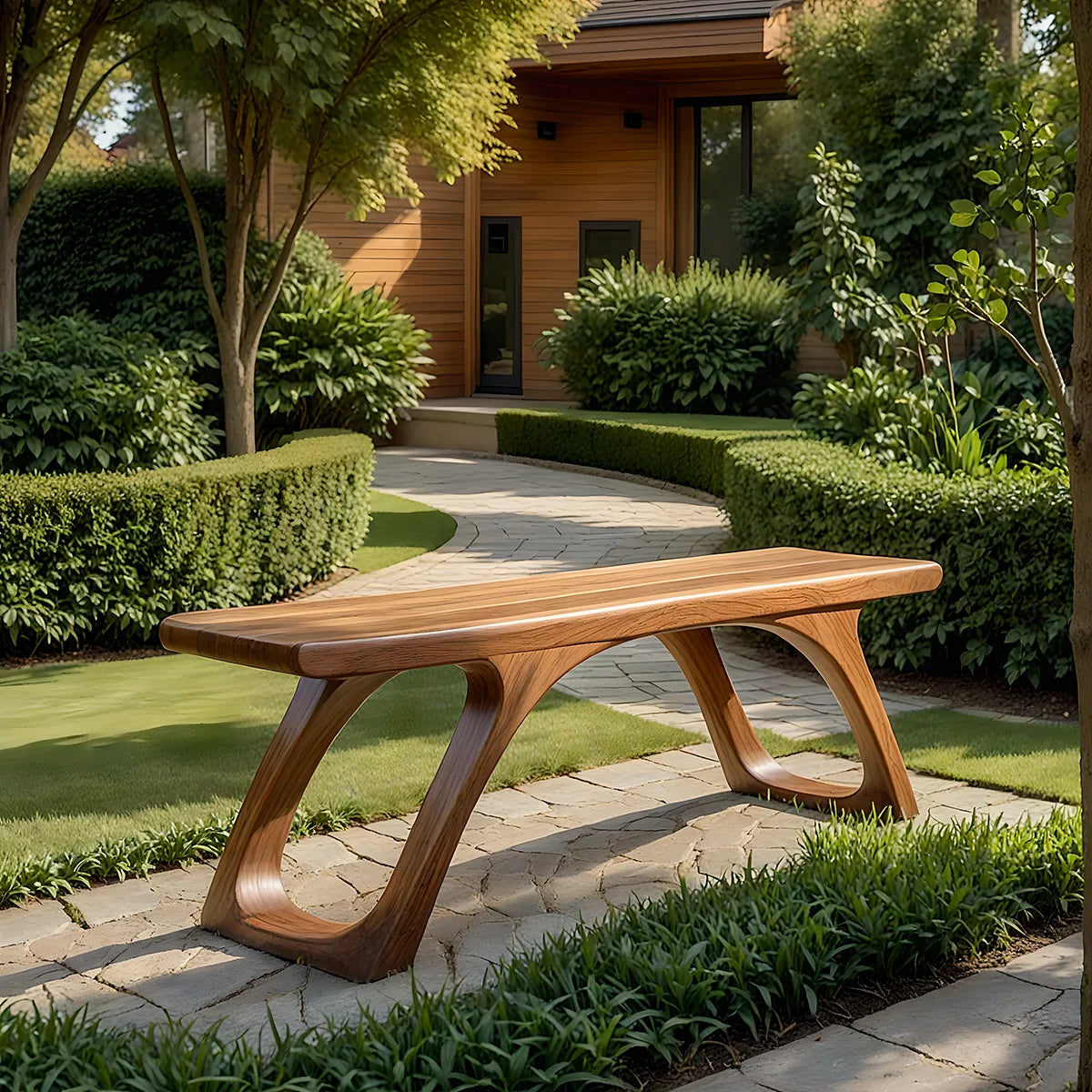 Handcrafted Solid Wood Outdoor Bench Organic Arch Leg Garden Bench