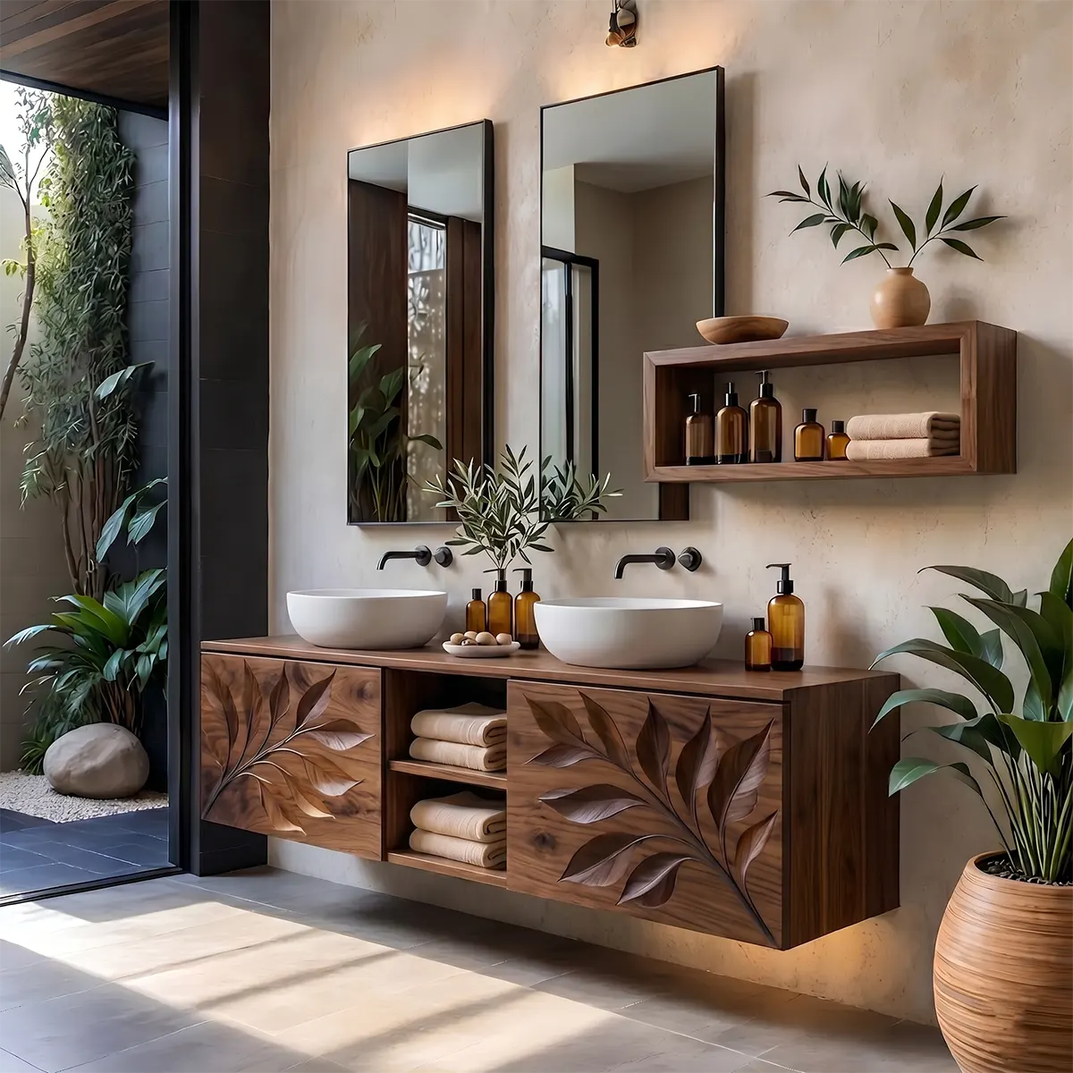 Leaf Carved Floating Double Sink Bathroom Vanity TT006-8363