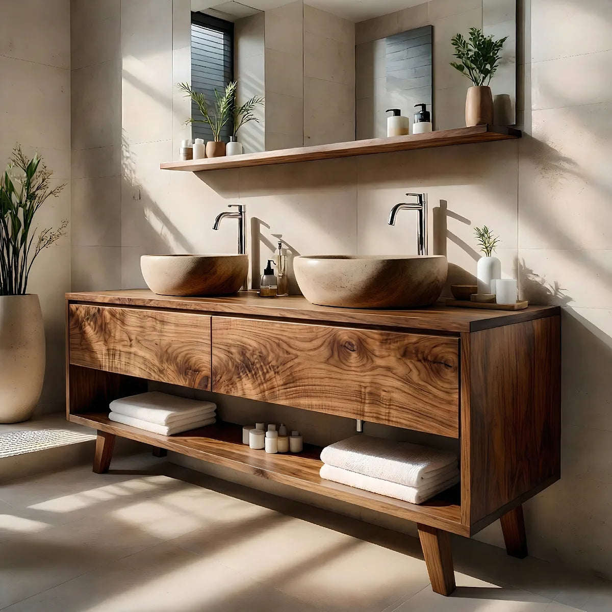 Solid Wood Bathroom Vanity with Open Shelf and 3 Drawers