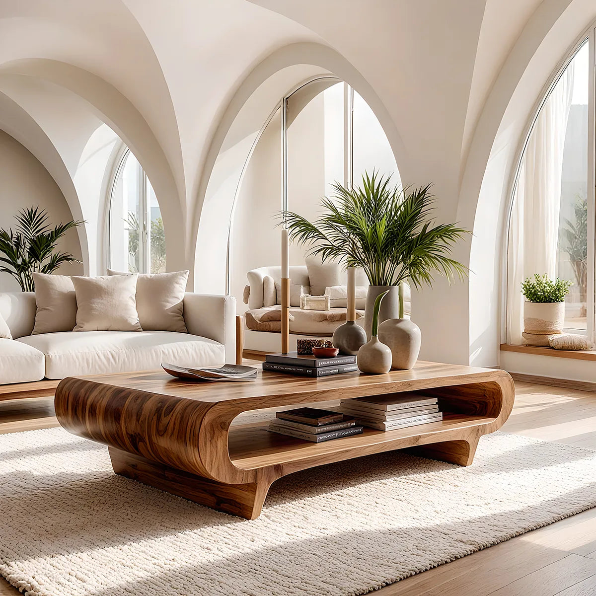 Handcrafted Solid Wood Coffee Table with Oval Silhouette and Open Storage