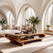 Handcrafted Solid Wood Coffee Table with Oval Silhouette and Open Storage