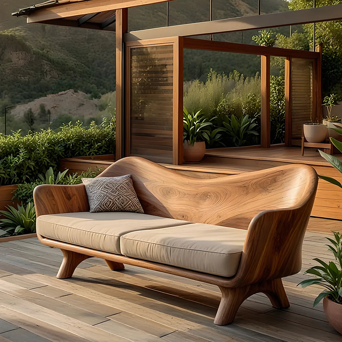 Luxury Organic Modern Outdoor Wooden Sofa with Sculptural Curved Frame