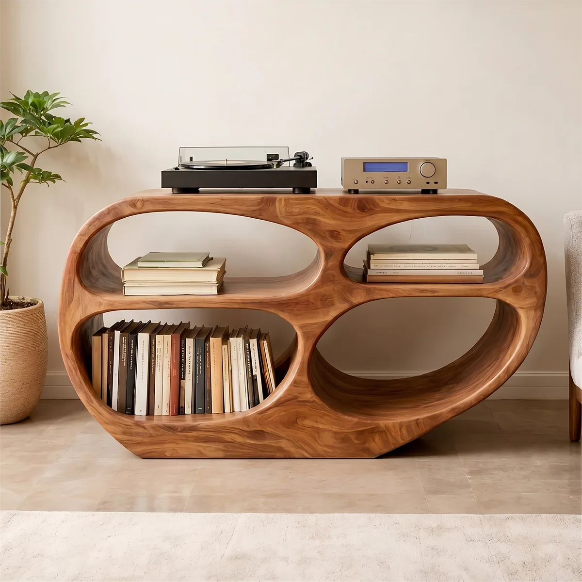 Solid Wood Record Player Stand, Modern Vinyl Storage Console with Open Shelves