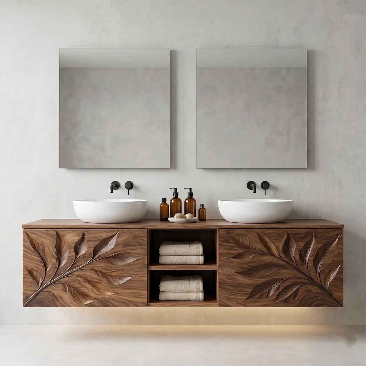 Leaf Carved Floating Double Sink Bathroom Vanity TT006-8363