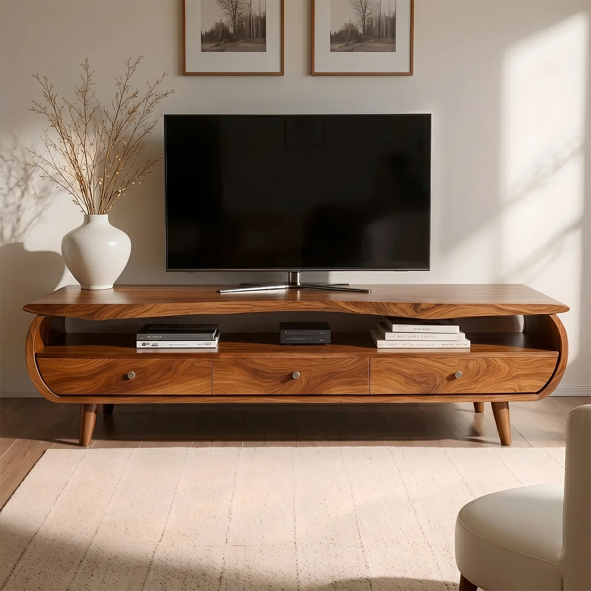 Mid Century Modern Solid Wood Curved TV Stand with Drawers