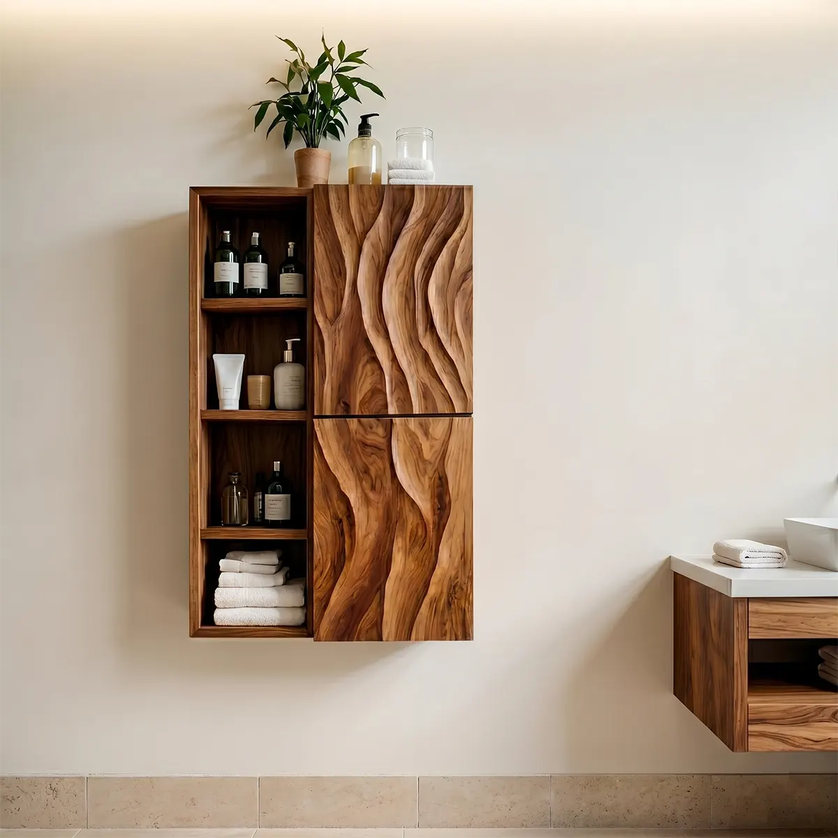 Handcrafted Solid Wood Bathroom Wall Storage Cabinet with Open Shelves