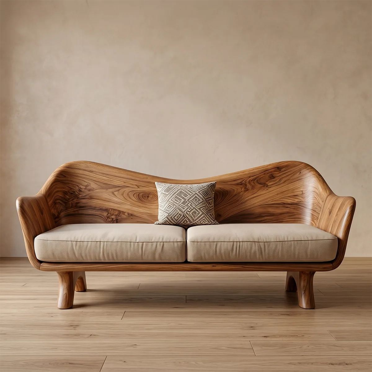 Luxury Organic Modern Outdoor Wooden Sofa with Sculptural Curved Frame