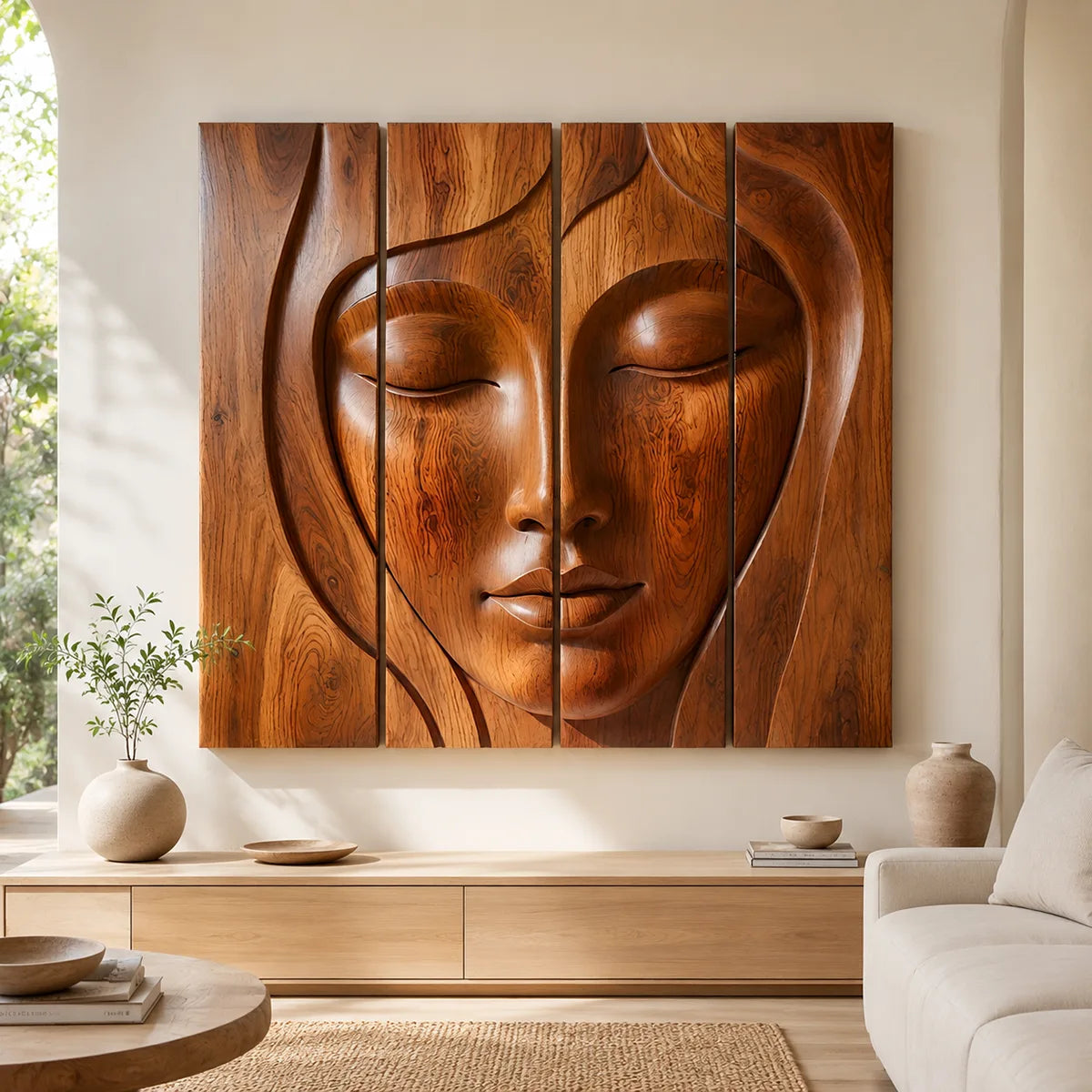 Abstract Wooden Face Wall Art | Large 4 Panel Hand Carved Wood Sculpture TT006-6938