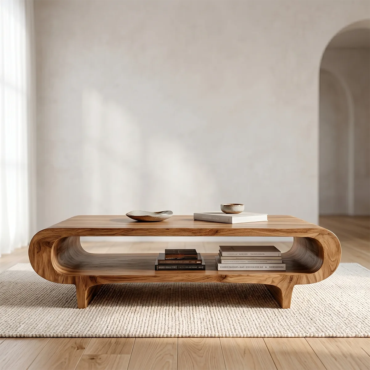 Handcrafted Solid Wood Coffee Table with Oval Silhouette and Open Storage