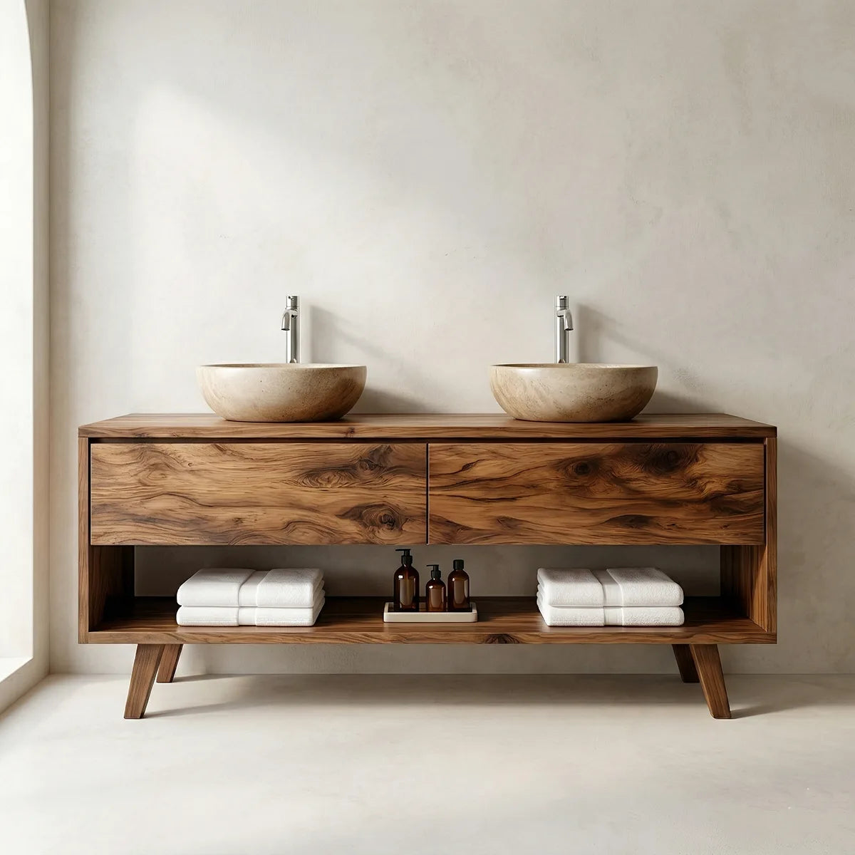 Solid Wood Bathroom Vanity with Open Shelf and 3 Drawers