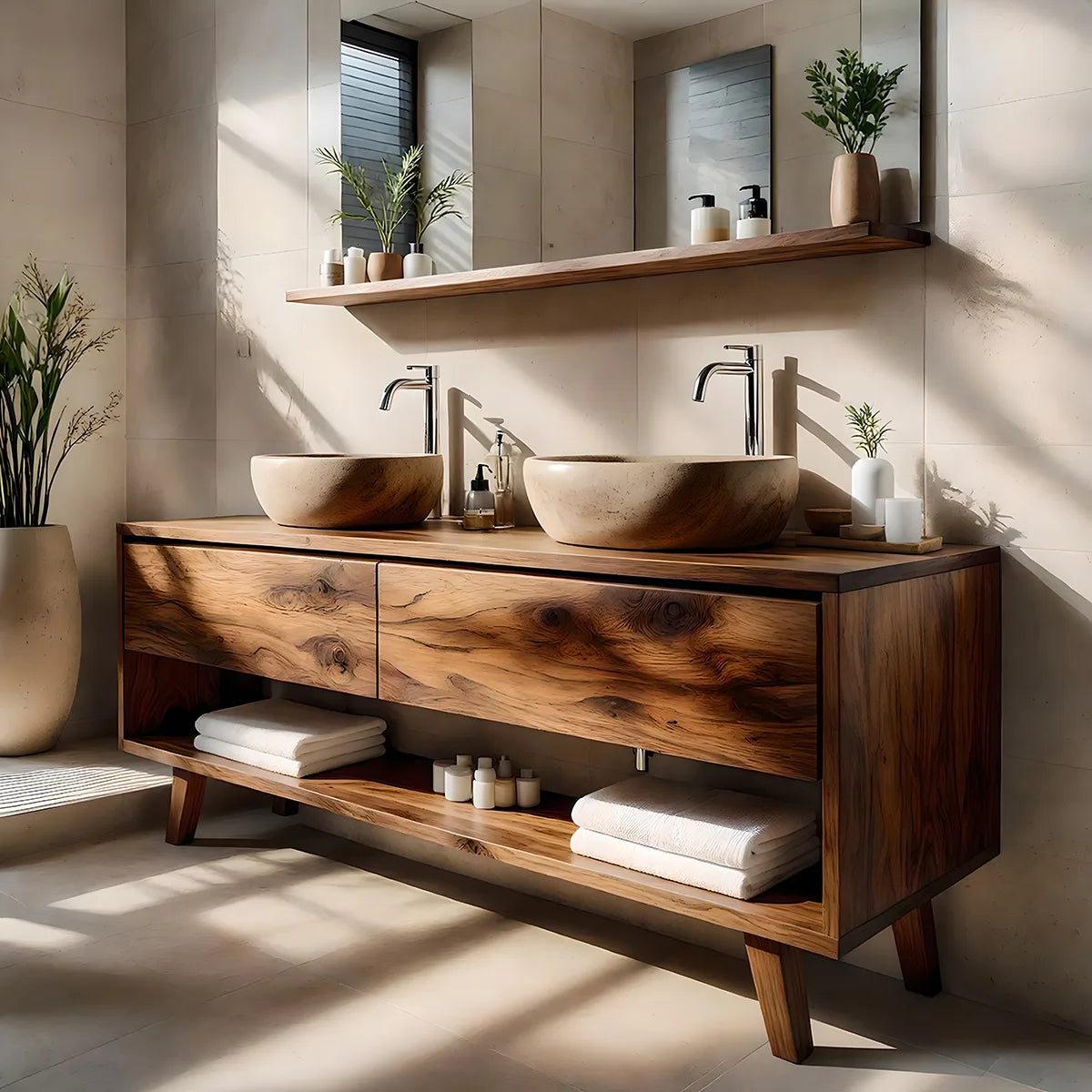 Solid Wood Bathroom Vanity with Open Shelf and 3 Drawers