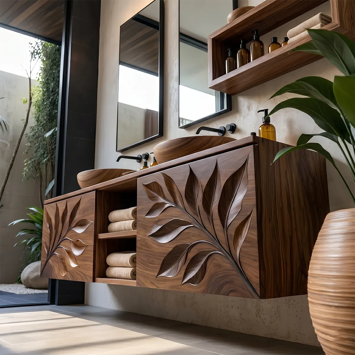 Leaf Carved Floating Double Sink Bathroom Vanity TT006-8363