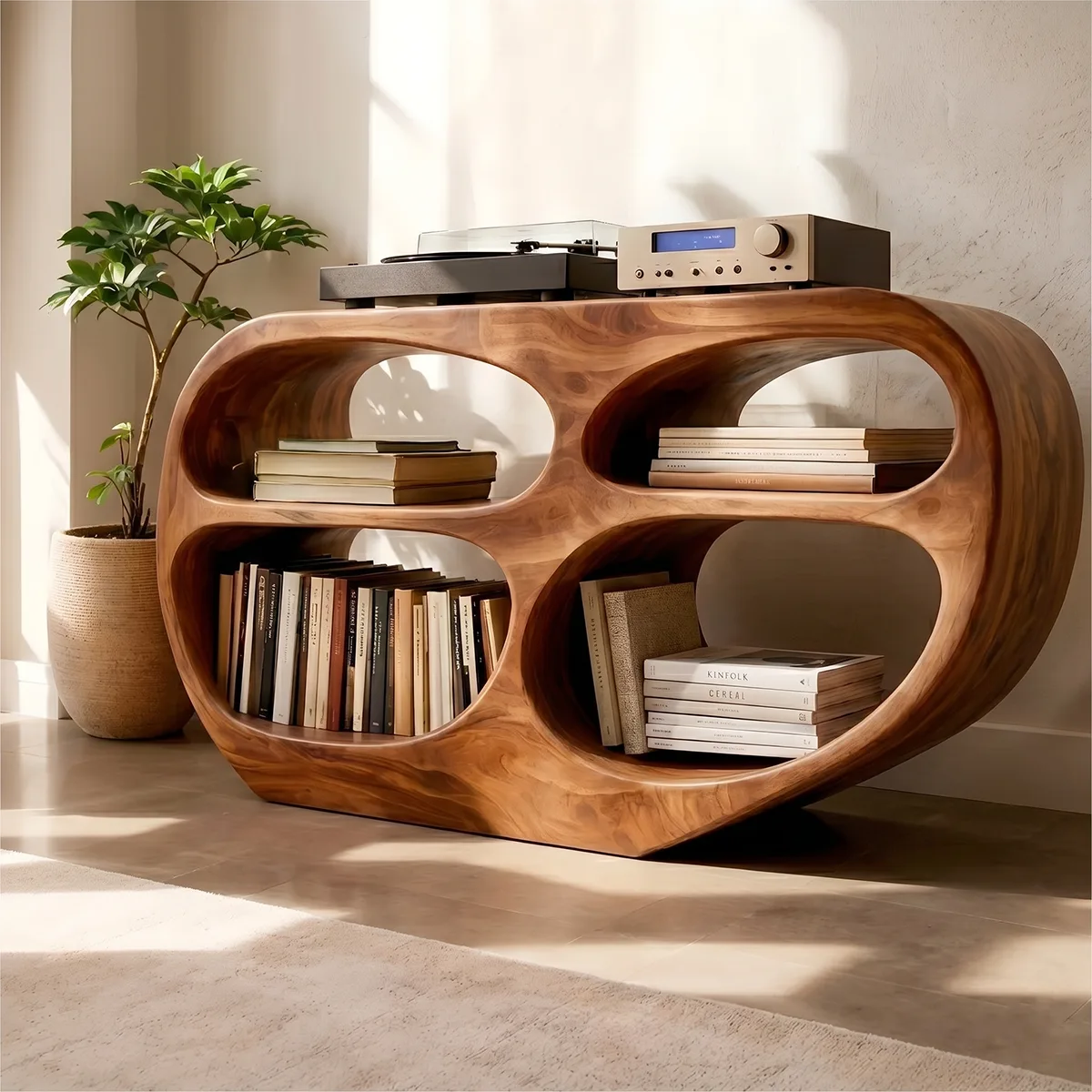 Solid Wood Record Player Stand, Modern Vinyl Storage Console with Open Shelves