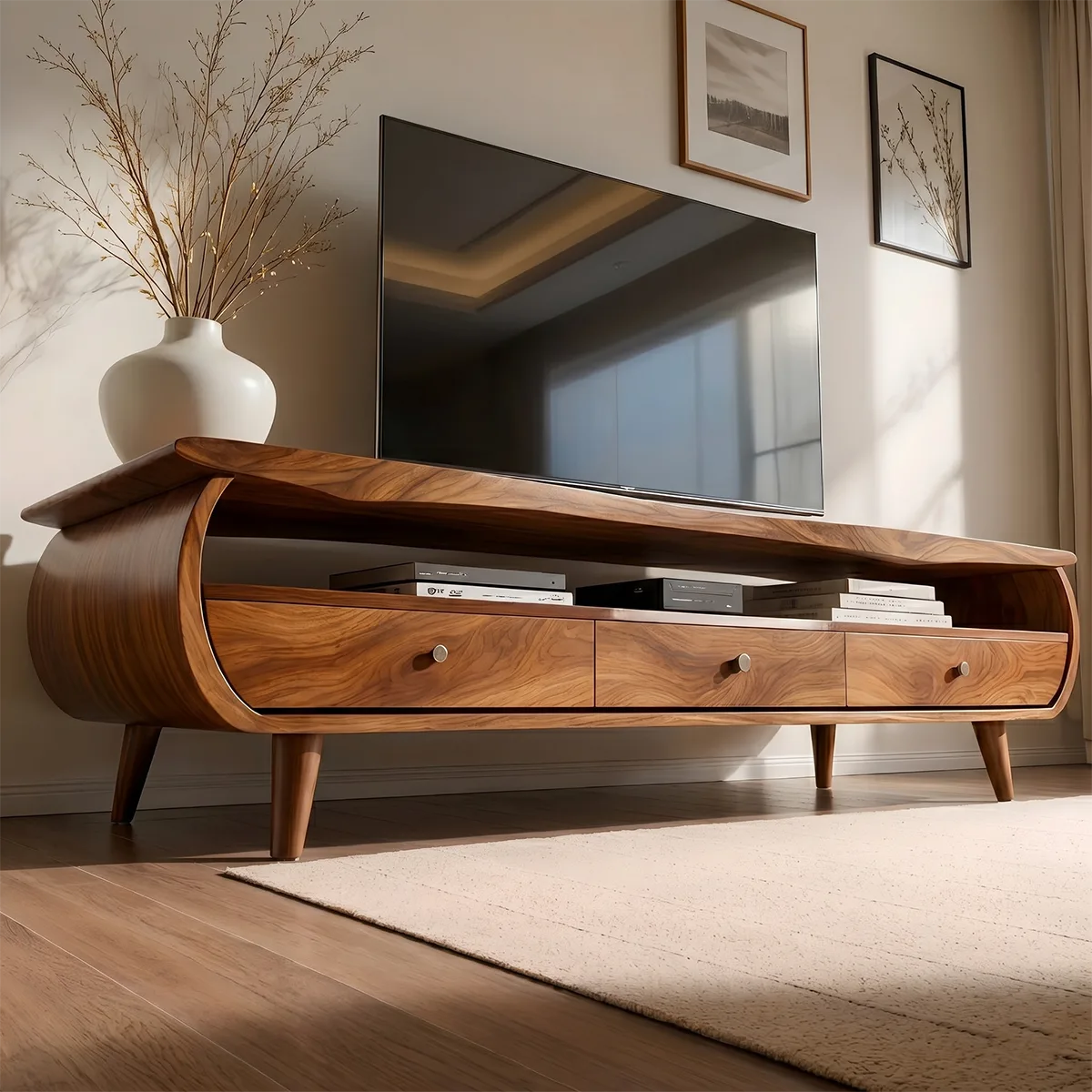 Mid Century Modern Solid Wood Curved TV Stand with Drawers