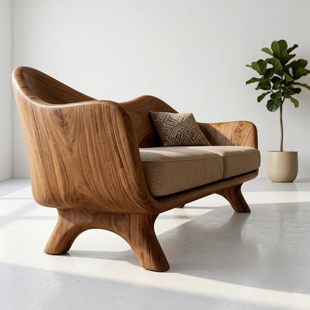 Luxury Organic Modern Outdoor Wooden Sofa with Sculptural Curved Frame