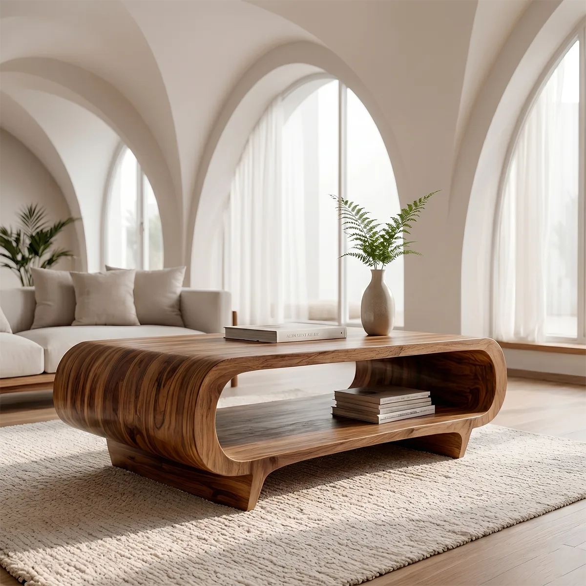 Handcrafted Solid Wood Coffee Table with Oval Silhouette and Open Storage