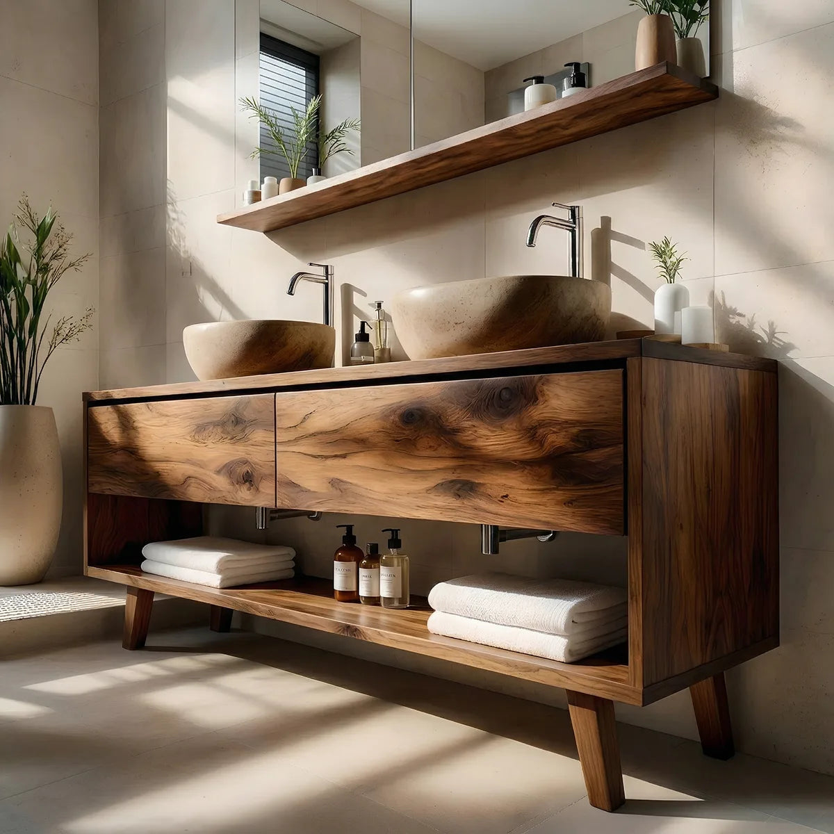 Solid Wood Bathroom Vanity with Open Shelf and 3 Drawers