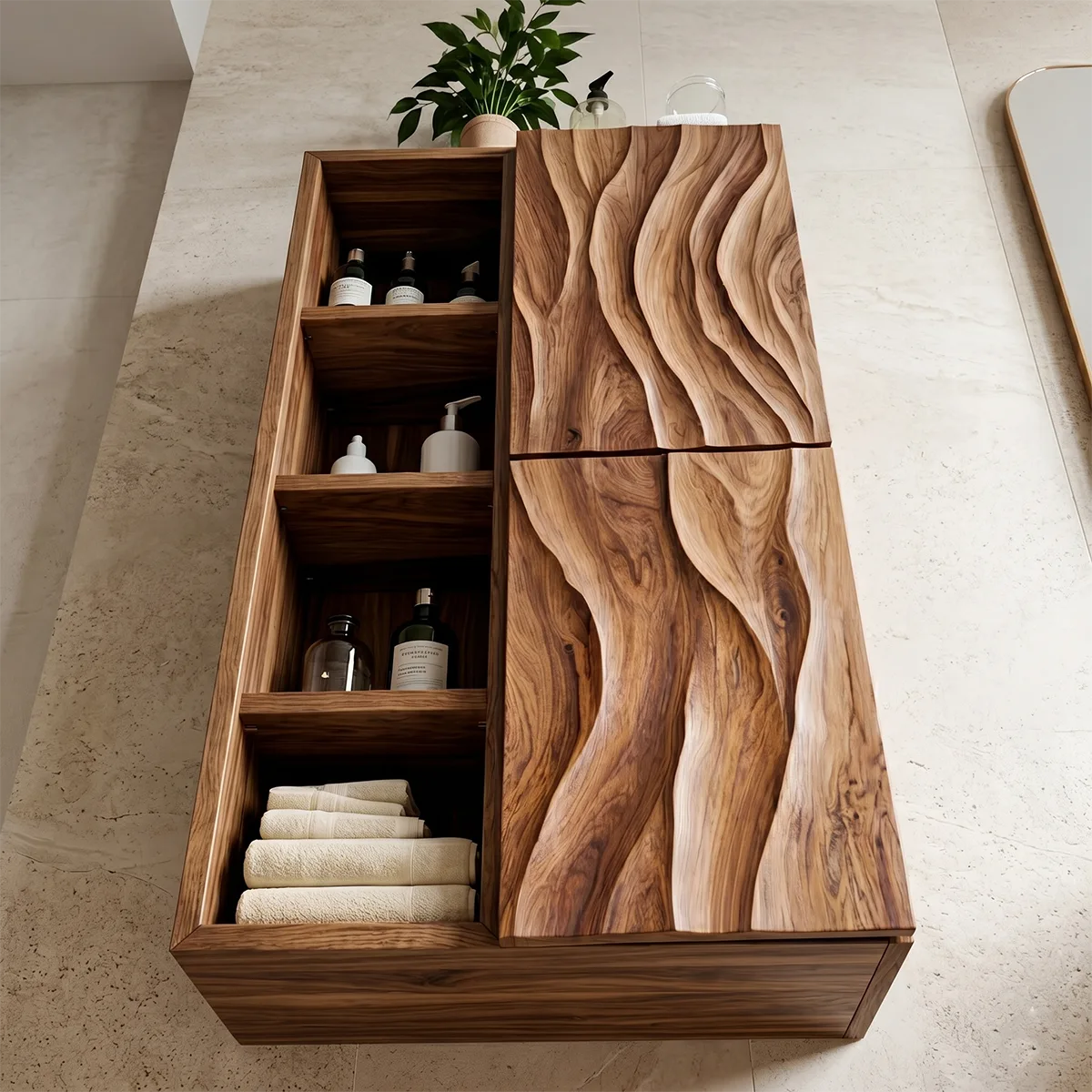 Handcrafted Solid Wood Bathroom Wall Storage Cabinet with Open Shelves