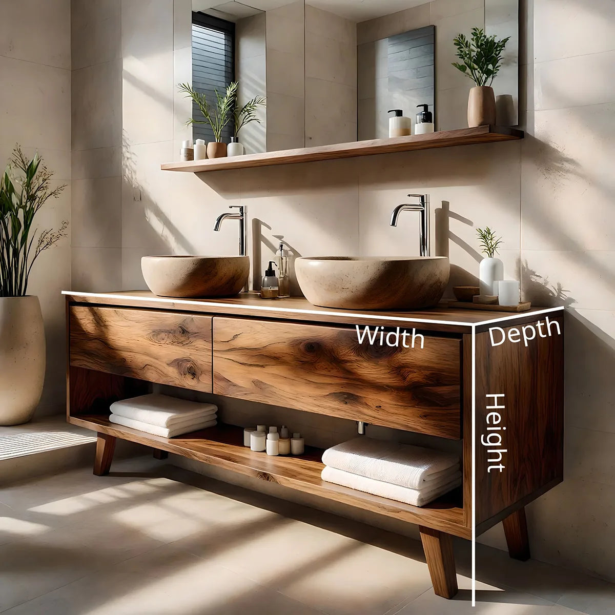 Solid Wood Bathroom Vanity with Open Shelf and 3 Drawers