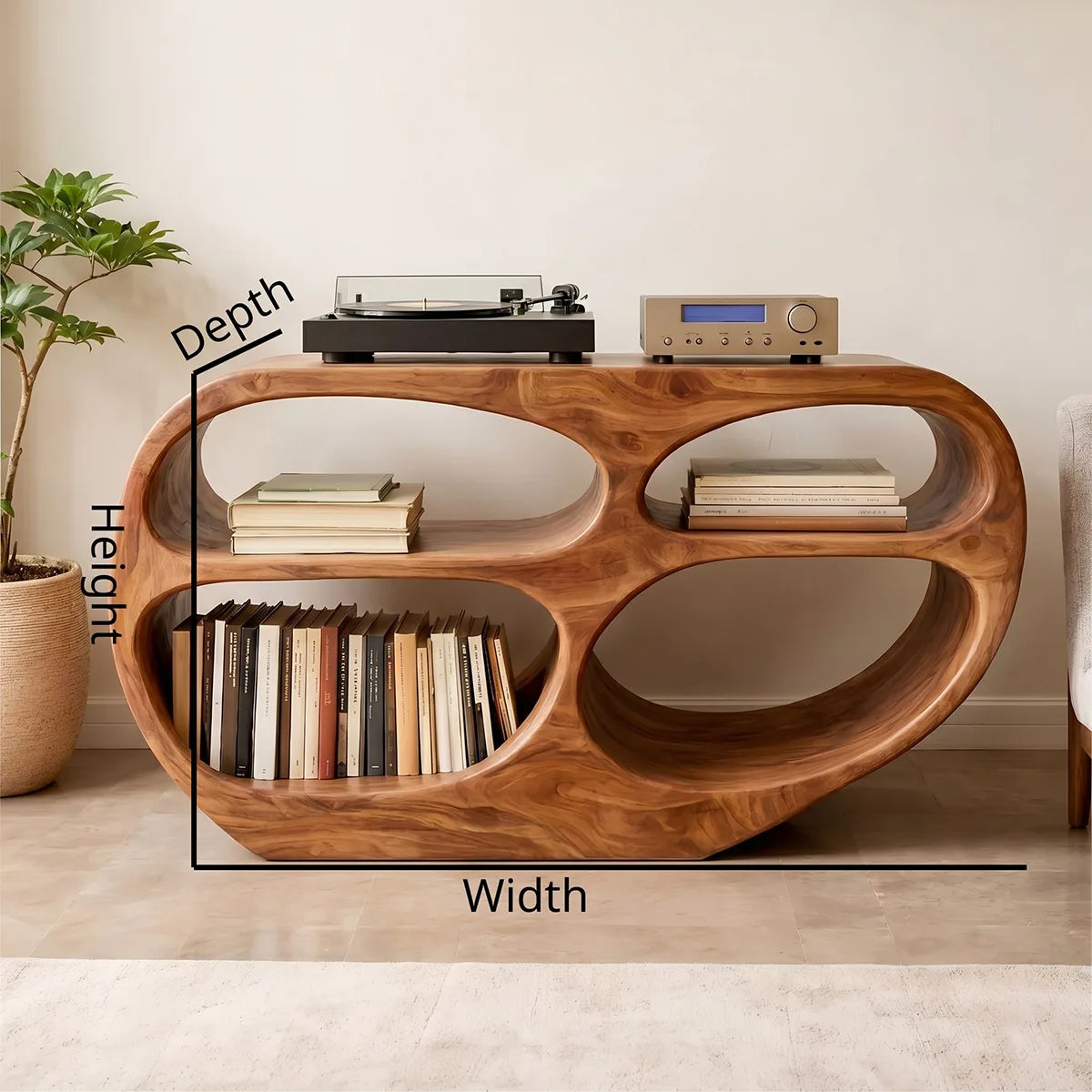 Solid Wood Record Player Stand, Modern Vinyl Storage Console with Open Shelves