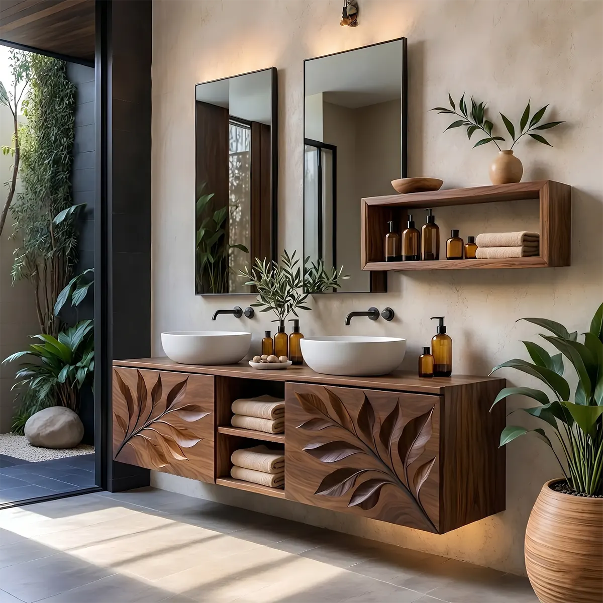 Leaf Carved Floating Double Sink Bathroom Vanity TT006-8363