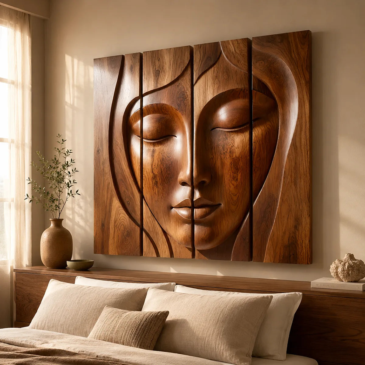 Abstract Wooden Face Wall Art | Large 4 Panel Hand Carved Wood Sculpture TT006-6938