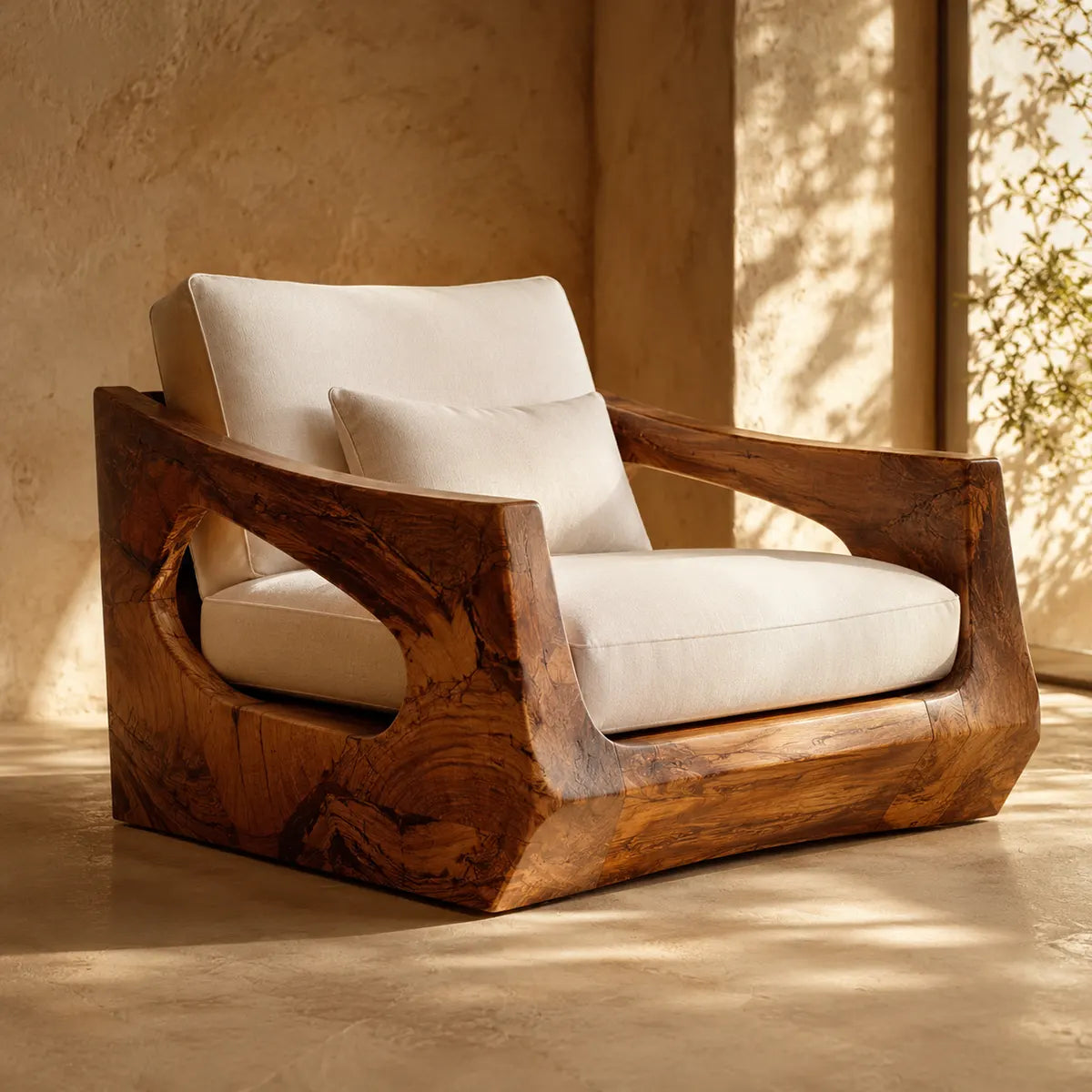 Organic Modern Solid Wood Lounge Chair, Sculptural Wooden Accent Chair for Living Room TT006-4943