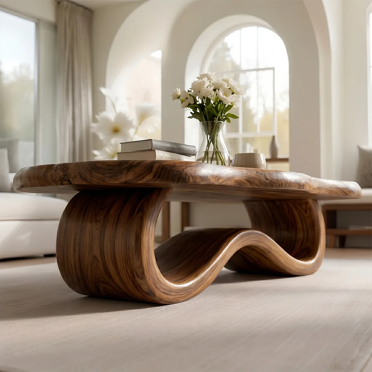 Organic Sculptural Solid Wood Coffee Table – Handcrafted Wave Base Center Table