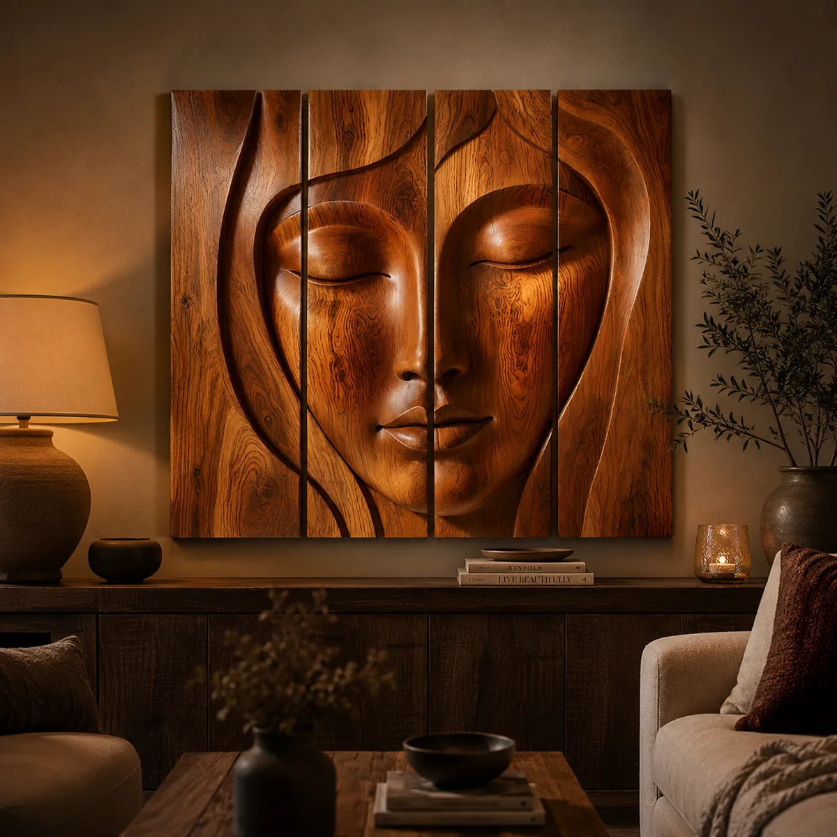 Abstract Wooden Face Wall Art | Large 4 Panel Hand Carved Wood Sculpture TT006-6938