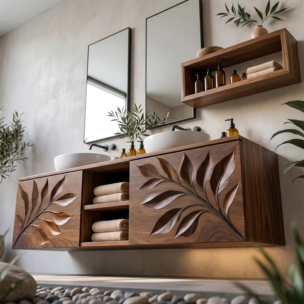 Leaf Carved Floating Double Sink Bathroom Vanity TT006-8363