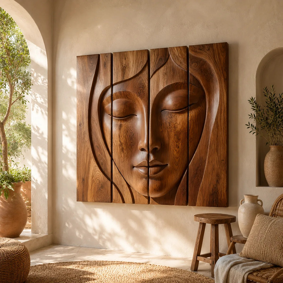 Abstract Wooden Face Wall Art | Large 4 Panel Hand Carved Wood Sculpture TT006-6938