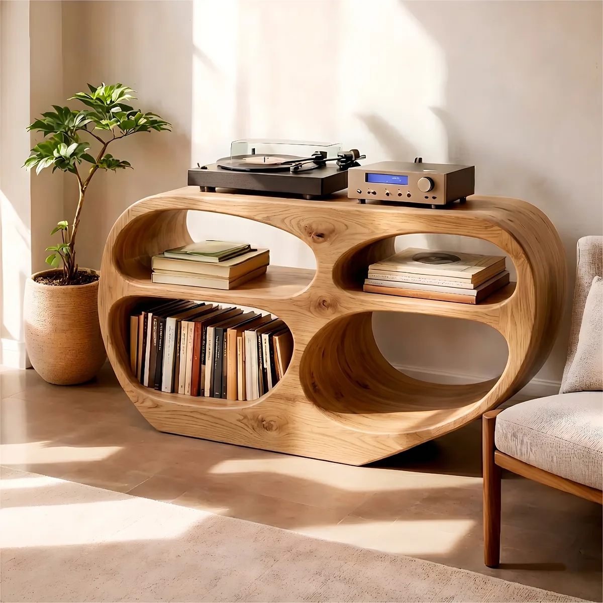 Solid Wood Record Player Stand, Modern Vinyl Storage Console with Open Shelves