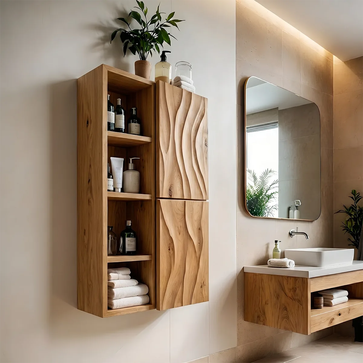 Handcrafted Solid Wood Bathroom Wall Storage Cabinet with Open Shelves