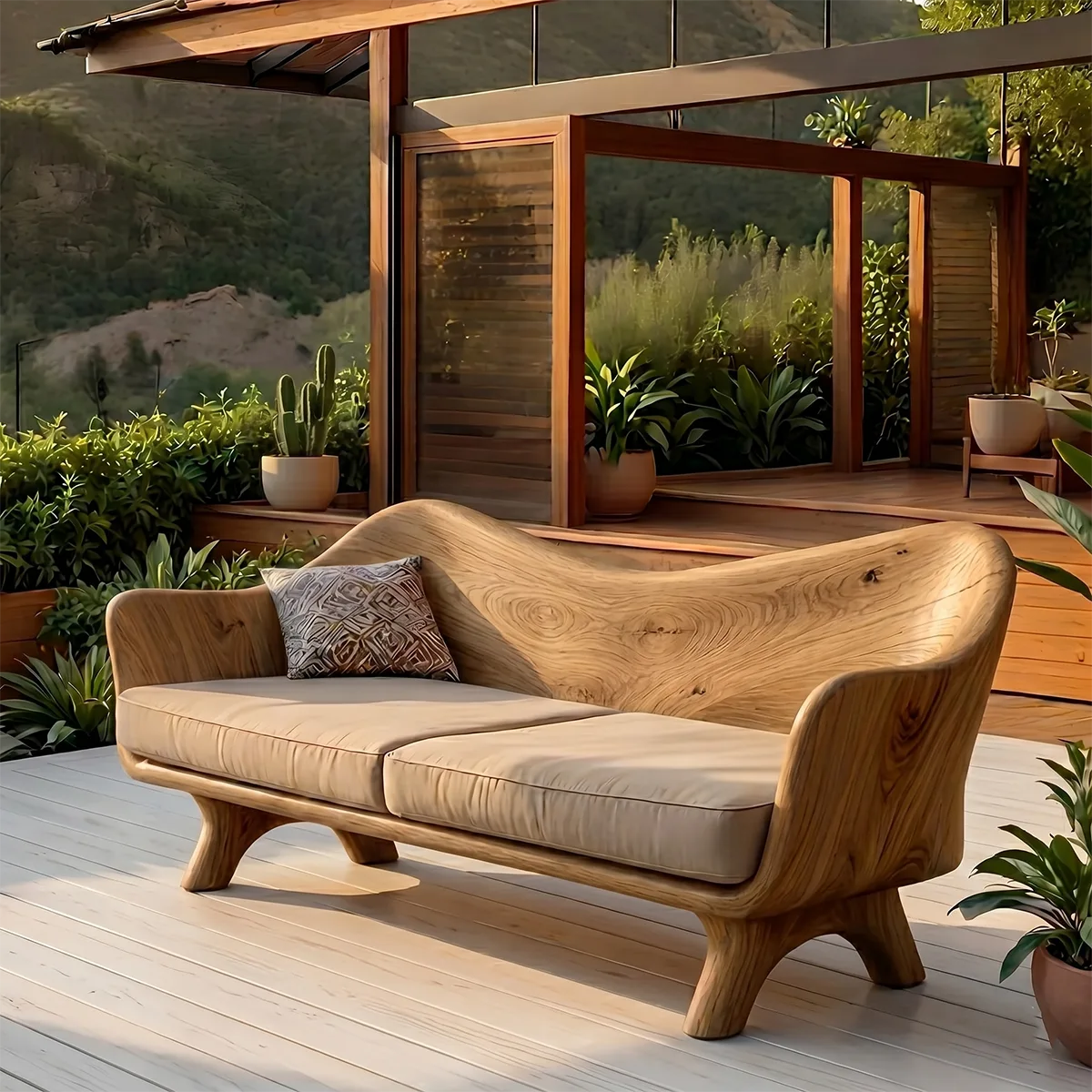 Luxury Organic Modern Outdoor Wooden Sofa with Sculptural Curved Frame