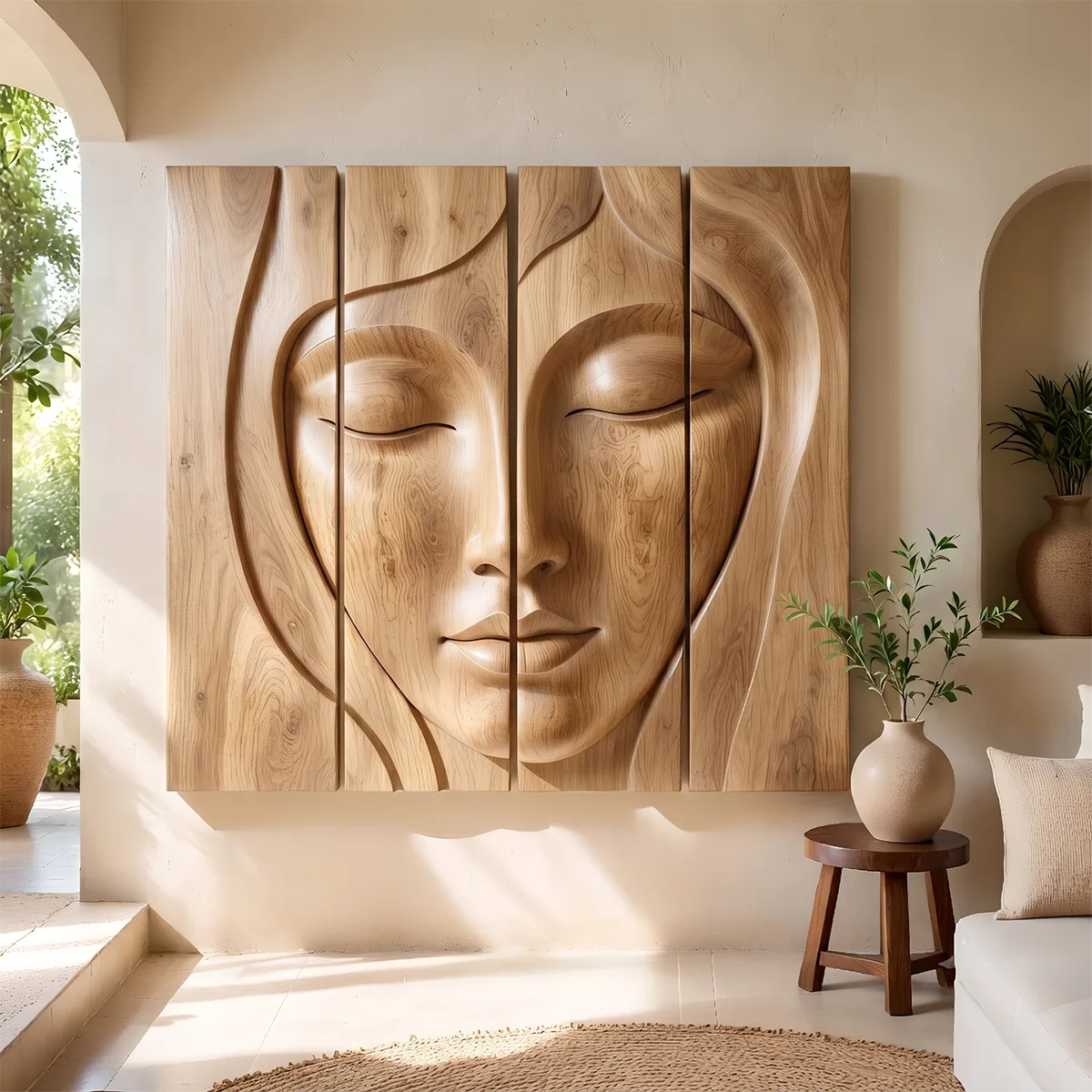 Abstract Wooden Face Wall Art | Large 4 Panel Hand Carved Wood Sculpture TT006-6938