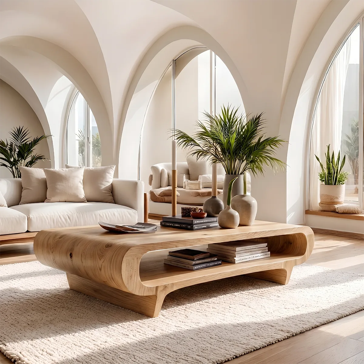 Handcrafted Solid Wood Coffee Table with Oval Silhouette and Open Storage