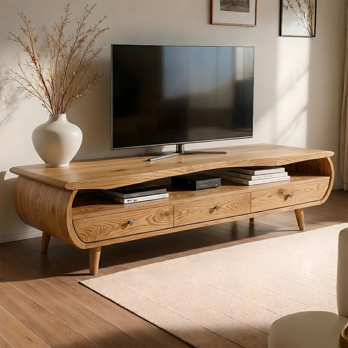 Mid Century Modern Solid Wood Curved TV Stand with Drawers