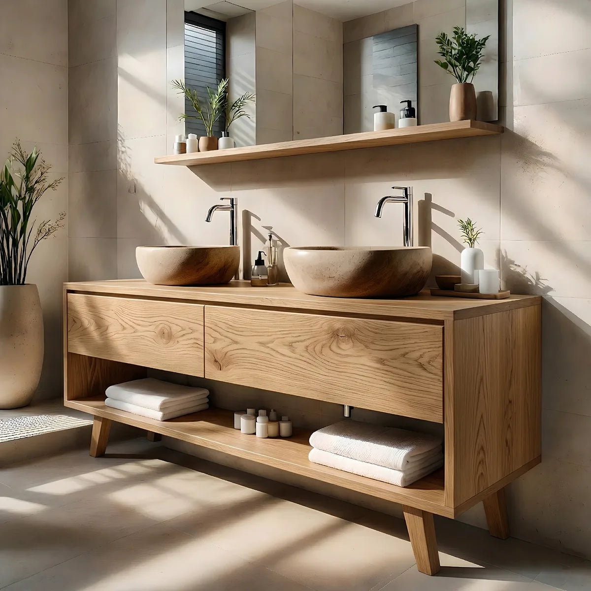 Solid Wood Bathroom Vanity with Open Shelf and 3 Drawers