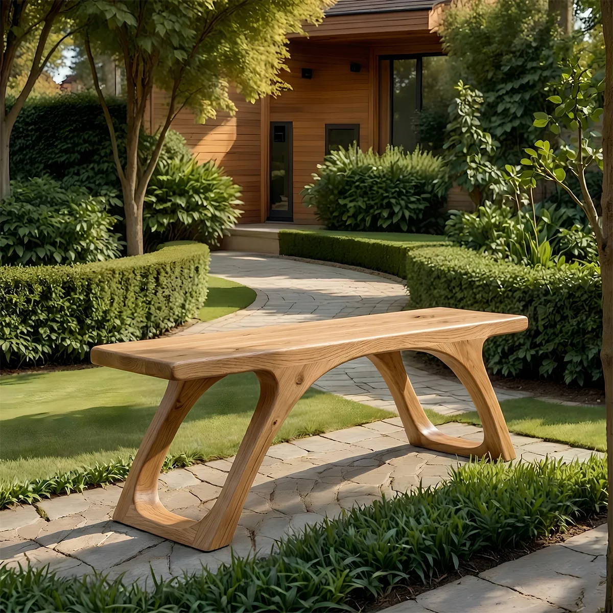 Handcrafted Solid Wood Outdoor Bench Organic Arch Leg Garden Bench