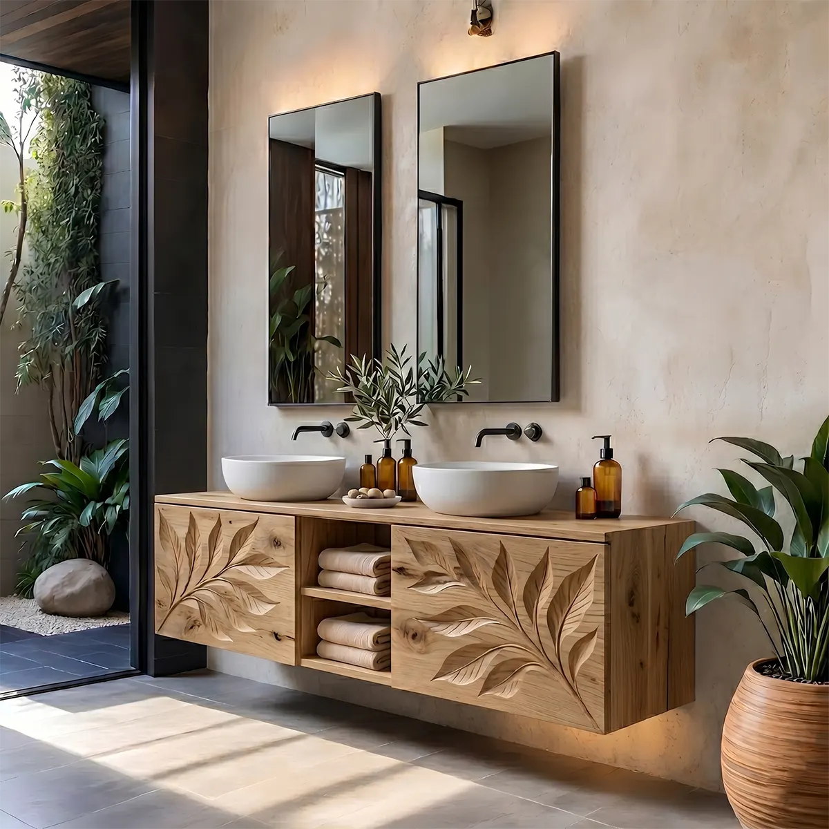 Leaf Carved Floating Double Sink Bathroom Vanity TT006-8363