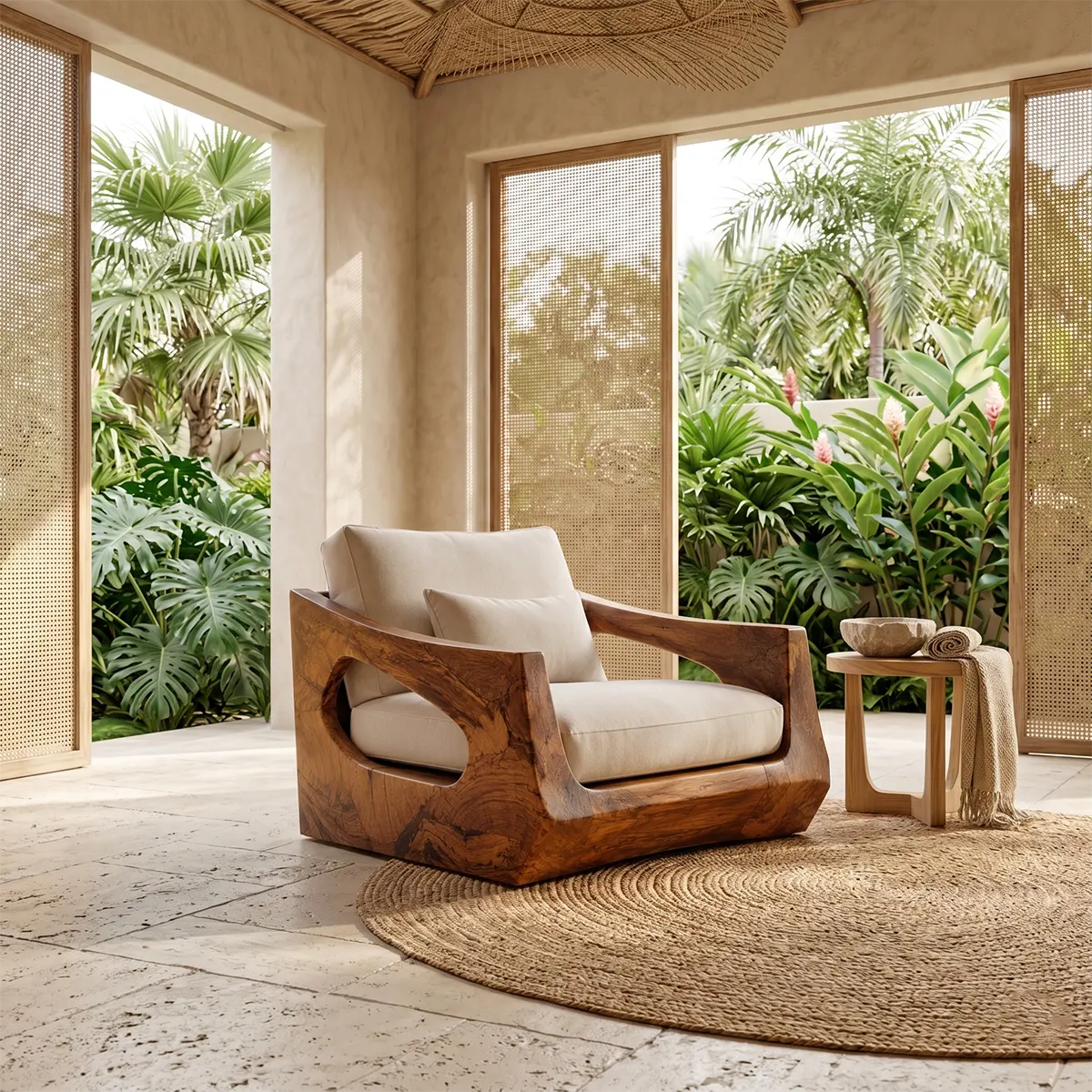 Organic Modern Solid Wood Lounge Chair, Sculptural Wooden Accent Chair for Living Room TT006-4943