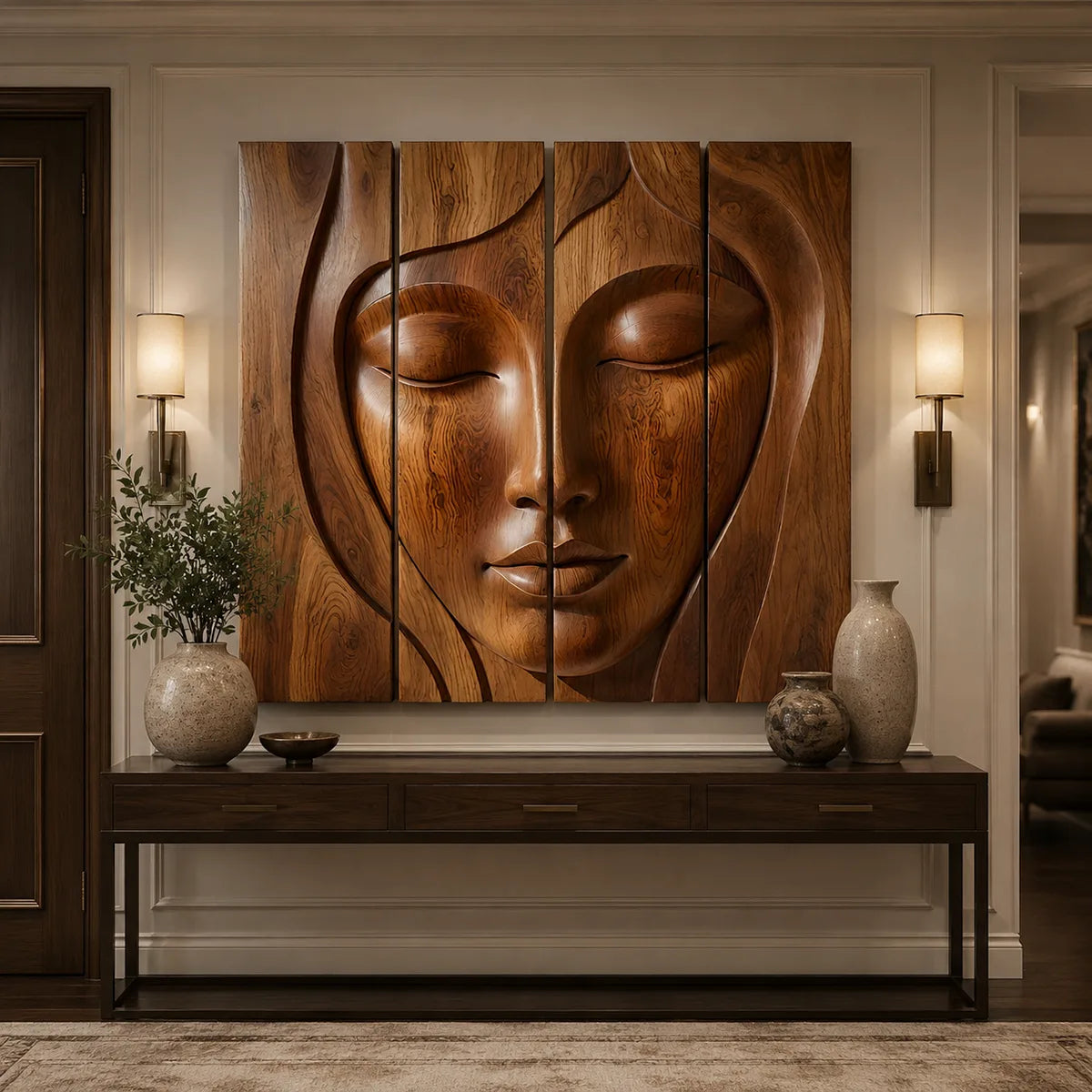 Abstract Wooden Face Wall Art | Large 4 Panel Hand Carved Wood Sculpture TT006-6938