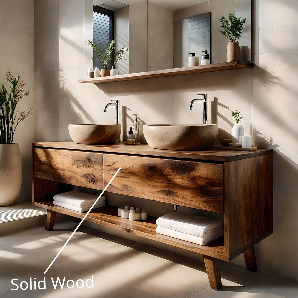 Solid Wood Bathroom Vanity with Open Shelf and 3 Drawers